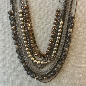 Silver Brown Neutral Earthy Multi-Strand/Colored Necklace with Cascading Beads